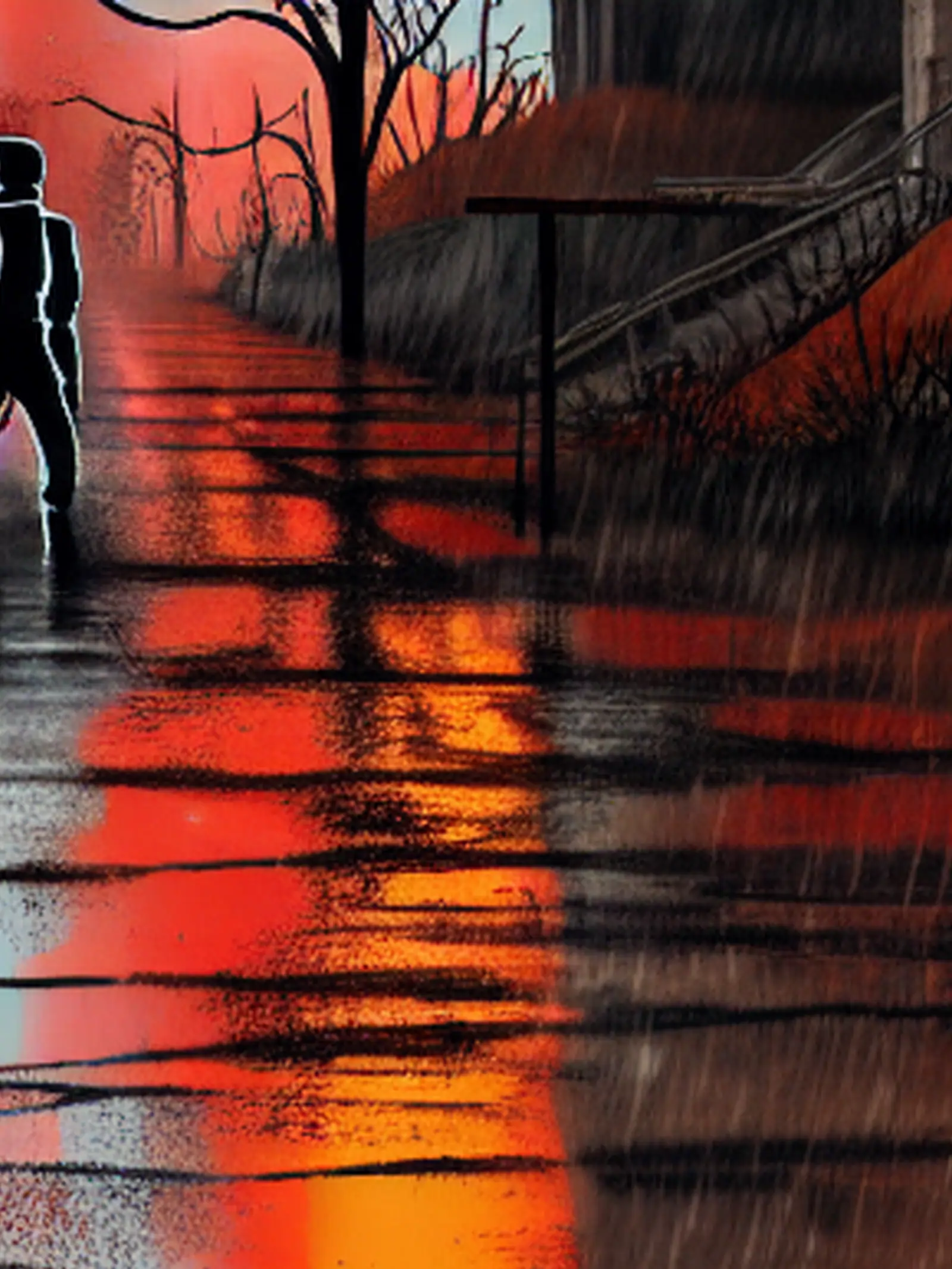 A shadowy figure walking in the rain