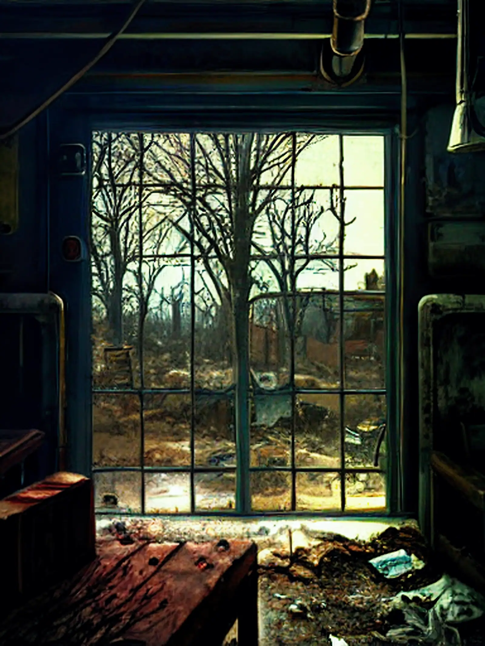 A window wall looking out into a bleak terrain while the interior of the room resembling the exterior
